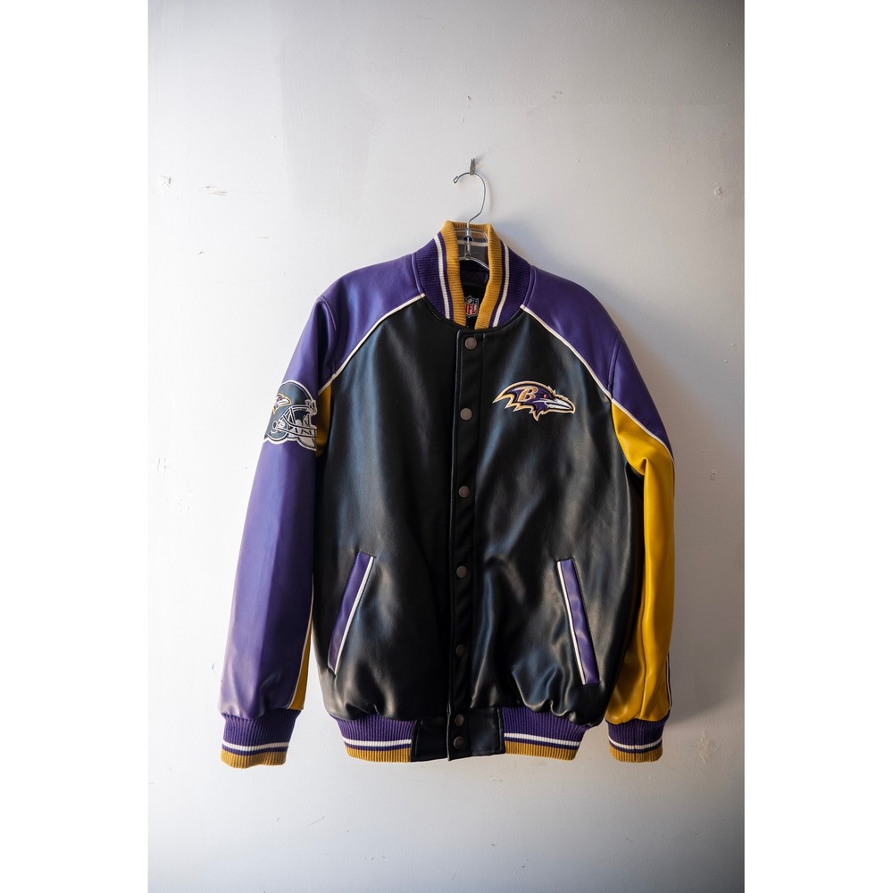 NFL Baltimore Ravens Varsity Jacket Faux Leather Bomber Purple Black Mens Medium
